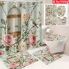 Juego de Cuatro Piezas de Cortina de Ducha y Alfombrilla de Baño con Diseño de Flores y Plantas Transfronterizas para Baño del Hogar, Cortina de Ducha Divisoria de Separación Seca y Húmeda, Cortina de Ducha Impermeable