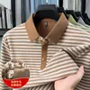 Camiseta masculina de manga longa em seda e lã, listrada, casual, versátil, com gola, adequada para homens de meia-idade, primavera e outono, camisa básica para pais