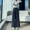 Calça larga de sarja com textura de bambu, imitando algodão e linho, para mulheres, novo estilo de outono, cintura alta, modelagem solta, casual, com fendas laterais, calça reta cropped