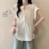 Nova Blusa de Verão 2026 Preta Romântica de Liocel Bordado Pesado Flor Tridimensional Botão de Manga Solta para o Dia a Dia