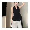 Elegante Camisa Negra sin Mangas con Cuello Halter y Espalda Descubierta para Mujer, Verano Cintura Ceñida con Lazo 2024 Chic Niche Top