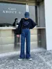 Novo estilo de verão, jeans tecido para mulheres petite, realça a altura 150cm, perna larga, cintura alta, jeans listrado azul escuro, comprimento total