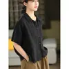 Camisa de Algodón y Lino Retro para Mujer Verano Nuevo Color Sólido Manga Corta Reductora de Edad Temperamento Artístico Casual Holgada Versátil Top para Mujer