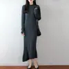 Vestido de Punto de Lana Pura 2026 Otoño/Invierno Nuevo Cuello Redondo Medio Alto Manga Larga para Mujer Dobladillo Retorcido Vestido Largo