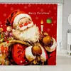 Cortina de chuveiro transfronteiriça, fundo vermelho, design vintage de Papai Noel, tema de vela, decoração de banheiro para feriado, não requer perfuração, vem com 12 ganchos