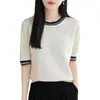 Nuevo modelo transfronterizo primavera-verano 100% algodón cuello redondo tejido manga corta bloques de color suelto jersey camiseta base para mujer
