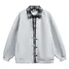 Moletom Cardigan Falso de Duas Peças para Homens e Mulheres com um Estiloso Design de Patchwork Xadrez, Jaqueta com Gola Reversível, Top Casual Soltinho Tendência de Primavera