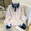 Suéter de punto tipo polo con patchwork de mezclilla gris, estilo coreano, dos piezas falsas, para mujer, nueva colección de otoño, top de punto casual y adelgazante
