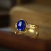 Anillo de plata esterlina S925 chapado en oro con incrustaciones de lapislázuli, personalidad vintage, fideos de huevo de moda, exquisitos Seiko, elegantes y elegantes.