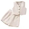 Traje para Niña Ropa Infantil Europea y Americana 2025 Verano Nuevo Amazon Aliexpress Francés Color Sólido Casual Chaleco Pantalones Cortos