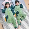 Pijama de una pieza para niños de otoño e invierno, franela para niños, a prueba de patadas para bebés, niñas, dinosaurio, manga larga, saco de dormir para niños medianos y grandes