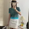 Nueva Camiseta de Punto Elegante de Manga Corta para Mujer, Estilo Frío de Verano, Dulce y Hermosa, Color de Contraste Nicho, Estilo Chanel