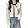 Suéter de punto con cuello de muñeca y costuras de color de contraste retro para mujer, nuevo, ajustado, adelgazante, de manga larga, todo lo combina, top tipo jersey