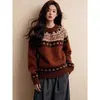 Outono/Inverno 2026 Novo Estilo Coreano Retrô Tricô Quente Jacquard Fair Isle Suéter Roupa Externa Camada Base Top para Mulheres Tendência