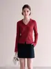Blusa de Malha com Decote V Suave para Mulheres Outono Inicial Toque de Luxo Roupa Íntima Gola Top Exclusivo Requintado 6051
