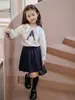 Cardigan de Punto Estilo Preppy para Niñas Traje de Tres Piezas: Camisa, Falda de Manga Larga Suéter Coreano para Niños Ropa de Primavera y Otoño