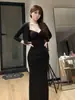 Conjunto Estilo Deseo Puro Falda para Mujer Otoño Cardigan Morado de Manga Larga Sexy Cuello en V Profundo Ajustado al Cuerpo Vestido Camisola