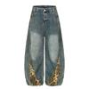 Jeans Novo Americano Retrô com Estampa de Leopardo e Painéis Scimitar para Mulheres, Corte Limpo, Solto, Sexy, Comprimento Total