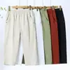 Calça Cropped Lavada de Algodão Elástico de Cintura Alta para Mulheres de Meia-Idade e Idosas, Estilo Fino, Nova Calça Casual de Verão 2026 para Mães Jovens
