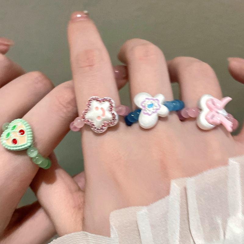 2405201 (1) 猫眼石爱心星星蝴蝶结戒指女夏日多巴胺