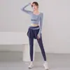 Conjunto de Calça com Manga Longa Falso Duas Peças com Bojo no Peito, Roupa para Corrida, Fitness e Yoga, Roupa Externa Esportiva Feminina, Secagem Rápida, Cintura Alta e Justa ao Corpo