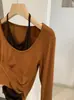 Camiseta de Manga Larga con Cuello Halter Ajustada para Mujer KEKEZOON Otoño Moda Diseño de Bloques de Color 9034