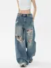 Jeans Rotos de Verano Nuevo Estilo Retro Americano para Mujer, Pantalones Rectos Anchos Finos Sueltos, Versión Lavada, Buen Ajuste