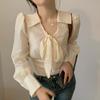 2023 Retro Primavera Idade-reduzindo Super Fairy Lace-up Bow Lapela de manga comprida cintura cintura emagrecendo camisa para mulheres