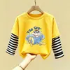 Camiseta de manga larga de algodón puro para niño 2026 primavera y otoño nueva elegante de dibujos animados estilo dos piezas falsas camiseta base de primavera para niño