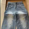 Jeans para Mujer de Pierna Ancha, Tiro Alto, Adelgazantes, de Corte Recto Holgado con Caída, Dobladillo Curvo, Bordado de Estrellas Colorido de Moda
