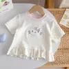 Moda Infantil Manga Curta Poá Bordado Cartoon Fofo Camiseta Verão Novo Estiloso Gola Redonda Menina Renda Top 3