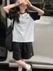 Conjunto de Camiseta de Manga Curta Patchwork e Shorts Esportivo para Meninas Novo Estilo 2026 8-14 Anos Alunos do Ensino Fundamental e Médio Uso Diário