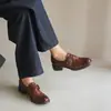 Mocassins de Couro Genuíno com Fivela Estilo Britânico 3,5cm para Mulheres Lançamento Primavera e Outono 2026 Sapatos de Couro com Bico Redondo e Salto Bloco com Fivela
