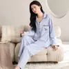Pijama para mujer, ajustado, algodón puro, estilo primavera y otoño, manga larga, pantalón largo, cárdigan con solapa, dulce y lindo, adecuado para usar como ropa de estar en casa