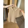 Colete Tricot Gola Polo Vazado de Seda Gelada Estilo Old Money para Mulheres, Top Sem Mangas Único e Bonito para o Verão