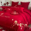 Juego de Cama de Boda de Cuatro Piezas, Algodón Puro de Boda, Sábana de Cama Rojo Brillante para Recién Casados, Funda de Edredón, Ropa de Cama de Boda