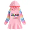2023 Primavera e Outono novo algodão cartoon arco-íris vestido feminino de manga comprida com capuz camisola vestido de princesa