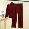 Otoño e Invierno Nuevo Estilo Terciopelo Alemán Térmico Traje de Hilo Media Cuello Alto Manga Larga Camisa Base Pantalones Casuales Talla Grande Conjunto de Dos Piezas para Mujer