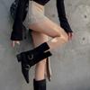 Botas de media caña con hebilla de cinturón, botas cortas de ante con tacón grueso, botas finas de cabeza cuadrada, botas Martin de color liso para mujer, tacón bajo, 2024