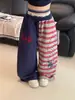 Calça de moletom listrada estilo retrô americano para mulheres, calça de dança jazz para primavera e outono, cintura elástica, perna larga, solta, modeladora, esportiva casual