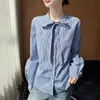 Blusa de Cinta Rayada de Algodón y Lino para Mujer, Primavera y Otoño Holgada Diseño Francés Retro con Cinta Versátil para el Trabajo Top de Manga Larga