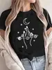 Camiseta Gola Careca Estampa de Mão de Lua Vintage para Mulheres, Moda Básica Confortável Macia Casual Primavera/Verão Top