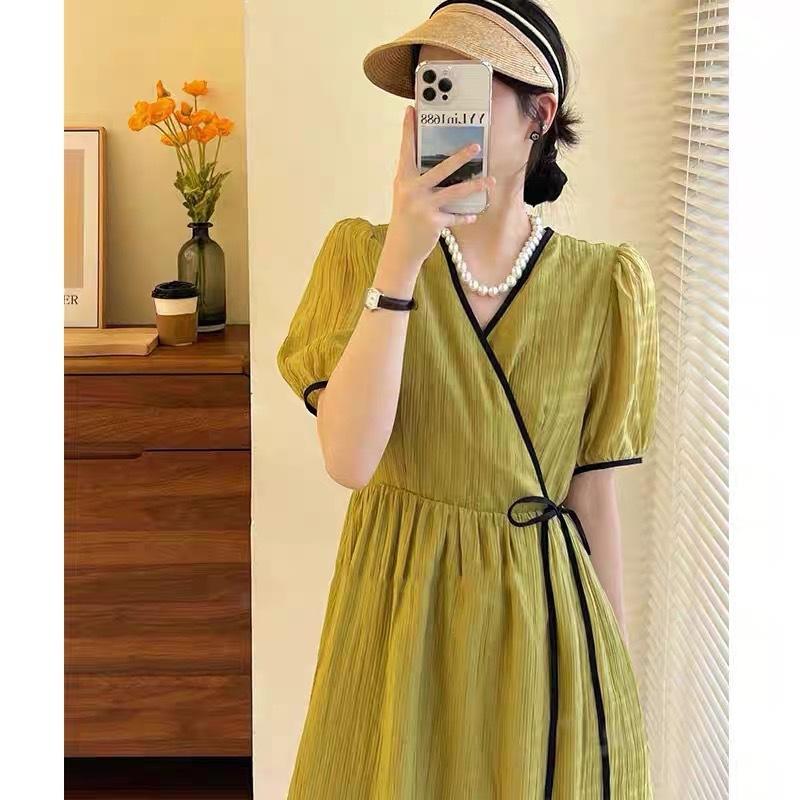帮手主图-1959夏季新款韩版绝美仙女裙子法式感系带绿色泡泡