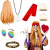 Conjunto de Peruca Hippie dos Anos 70 Colar com Símbolo da Paz Óculos de Sol Pulseira Rede de Cabelo e Faixa de Cabeça Tie-Dye