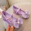 Sapatos Infantis de Velcro com Laço de Pérola e Strass, Fáceis de Calçar e Tirar, Sapatinhos de Couro com Solado Plano, Sapatos de Cristal de Princesa para Meninas