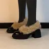 Sapatos Peludos de Salto Alto com Veludo Plus Estilo Coreano para Mulheres, Chegada Nova de Inverno Mocassins Slip-On de Bico Redondo, Mary Janes de Salto Grosso, Sapatos Pequenos de Couro