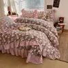 Juego de cuatro piezas de funda de cama de encaje de princesa estilo coreano de terciopelo de leche, funda de edredón gruesa y cálida de invierno, juego de terciopelo de coral
