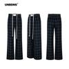 Pantalones Casuales de Estilo Británico Preppy a Cuadros Verdes Unbdns con Cordón Contrastante Cintura Elástica Pierna Recta Suelta para Mujer