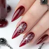 Halloween Ponta Longa Vinho Tinto Teia de Aranha Padrão Impresso Design Arte de Unha Peças de Unha Removíveis Unhas Postiças