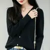 Cardigan de Tricô Minimalista em Algodão Puro com Decote V para Mulheres, Suéter de Design Francês com Botões, Peça de Roupa Externa de Manga Longa